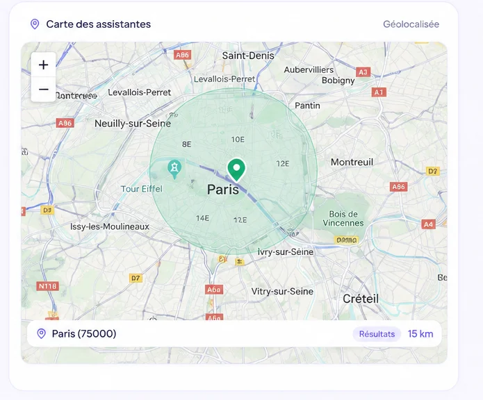 Carte géolocalisée reliant parents et assistantes maternelles sur Assist'Assmat