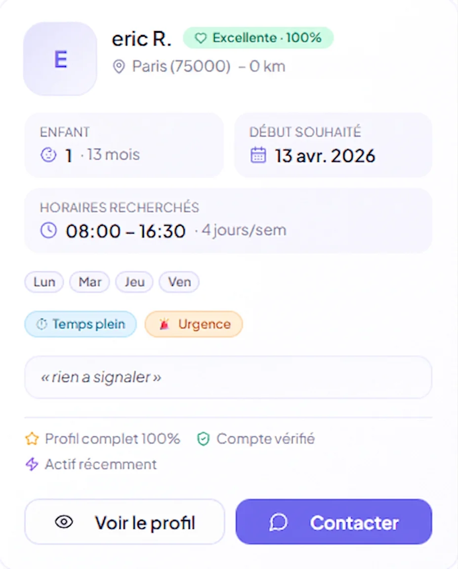 Annonce d'un parent (Eric R., Paris) recherchant une assistante maternelle sur Assist'Assmat