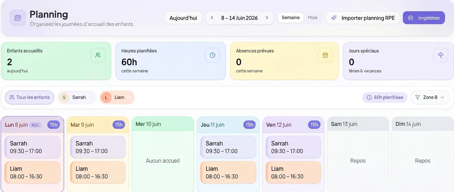 Planning hebdomadaire avec deux enfants — application Assist'Assmat