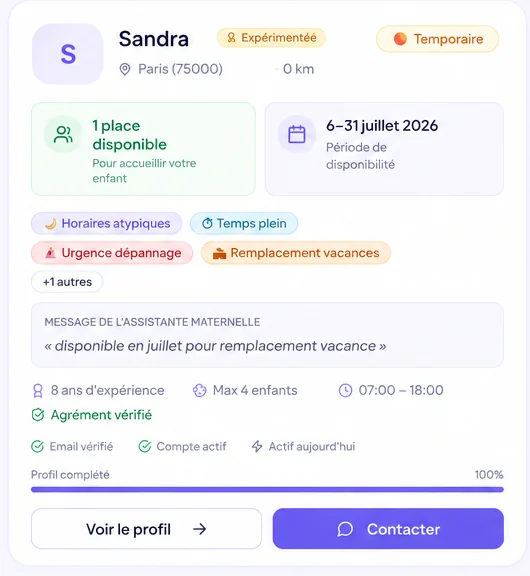 Annonce d'une assistante maternelle (Sandra, Paris) avec disponibilités, badges et certifications sur Assist'Assmat